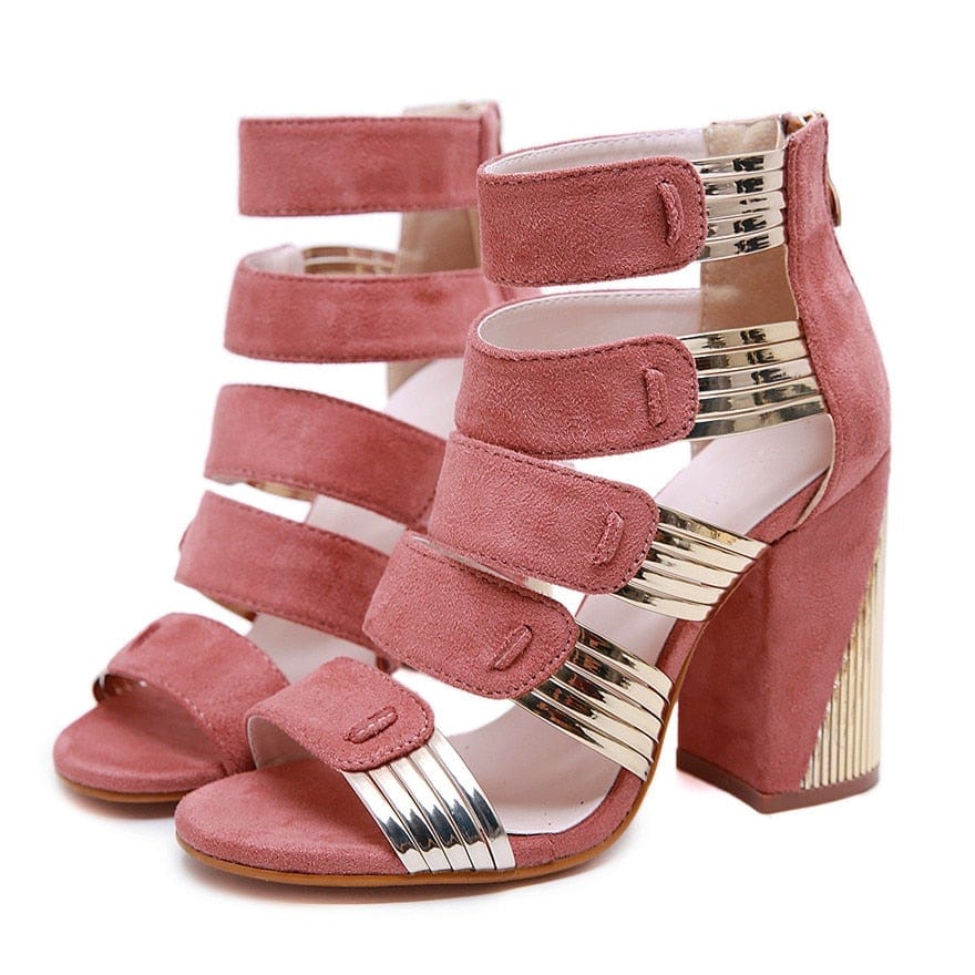 Cap Point Pink / 5 Square Flocked Hollow Out High Heel Gladiator Boots