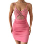 Cap Point Pink / 8 Elegant Marlene Halter Neck Deep V Neck Open Back Sleeveless Ruched Mini Dress