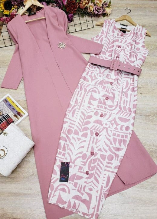 Cap Point Pink / 8 Office Wear Two Piece Slim Printed Dress And  Full Sleeve Blazer