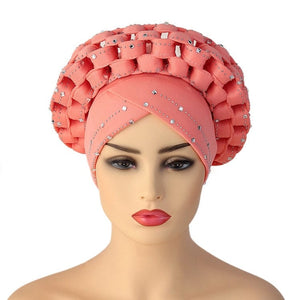 Cap Point Pink / adjustable Diamonds African Pattern Pre-Tied Bonnet Turban Knot Headwrap