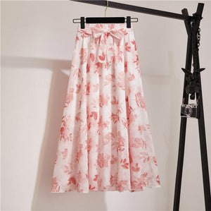 Cap Point Pink / Free size Belline Chiffon Floral Bohemian High Waist Maxi Skirt