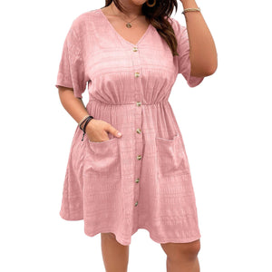 Cap Point Pink / L Joelle Plus Size Short Sleeve Single Breasted Nipped Waist Mini Dress