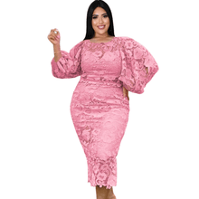 Load image into Gallery viewer, Cap Point Pink / L Meda Plus Size O Neck Lace Lantern Sleeve Hollow Out PatchworkMaxi Dress
