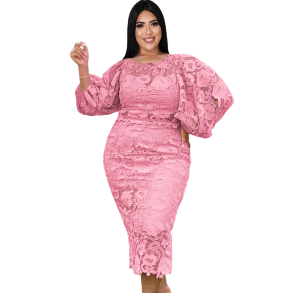 Cap Point Pink / L Meda Plus Size O Neck Lace Lantern Sleeve Hollow Out PatchworkMaxi Dress