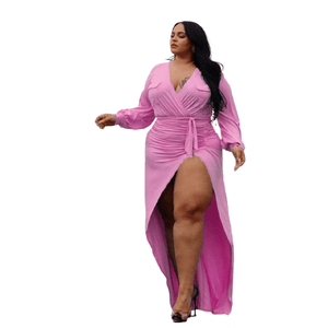 Cap Point Pink / L Plus Size Solid Bandage Slit Stretch Neckline Sexy Evening Dress