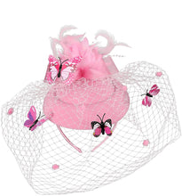 Load image into Gallery viewer, Cap Point Pink Mirva Kentucky Derby Flower Batterfly Veil Tea Party Wedding Party Hat Fascinators
