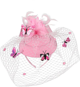 Cap Point Pink Mirva Kentucky Derby Flower Batterfly Veil Tea Party Wedding Party Hat Fascinators