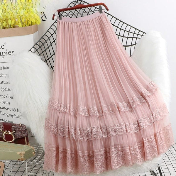 Cap Point Pink / One Size Serena Fashion High Waist Tulle Midi Skirt
