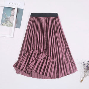 Cap Point Pink / One Size Vintage Velvet High Waisted Elegant Pleated Skirt