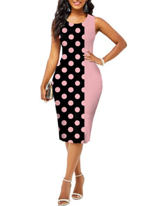 Cap Point pink polka dot / S Belinda Striped High Waist Patchwork Vintage Bodycon Midi Dress