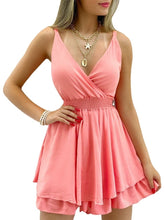 Load image into Gallery viewer, Cap Point Pink / S Arlette Knit Ruffle Trim Spaghetti V Neck Backless Straps Mini Dress
