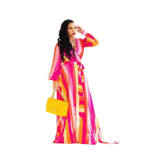 Cap Point Pink / S Benita Summer V-Neck Print Sashes Long Maxi Dress