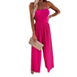 Cap Point Pink / S Elegant Spaghetti Strap Solid Color Slim Fitting Belted Wide Leg  Jumpsuit