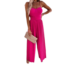 Load image into Gallery viewer, Cap Point Pink / S Elegant Spaghetti Strap Solid Color Slim Fitting Belted Wide Leg  Jumpsuit
