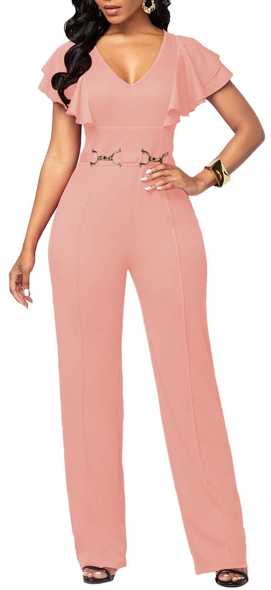 Cap Point Pink / S Elianne High Waist Plain Short Sleeve Wide Leg Jumpsuit