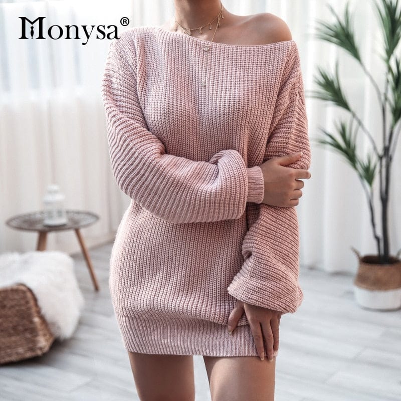 Cap Point Pink / S Elisa Off Shoulder Lantern Long Sleeve Knitted Sweater Dress