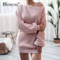 Cap Point Pink / S Elisa Off Shoulder Lantern Long Sleeve Knitted Sweater Dress