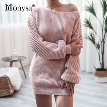 Load image into Gallery viewer, Cap Point Pink / S Elisa Off Shoulder Lantern Long Sleeve Knitted Sweater Dress
