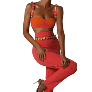 Cap Point Pink / S Emilie Matching Set Spaghetti Strap Buttons Crop Top And High Waist Trousers