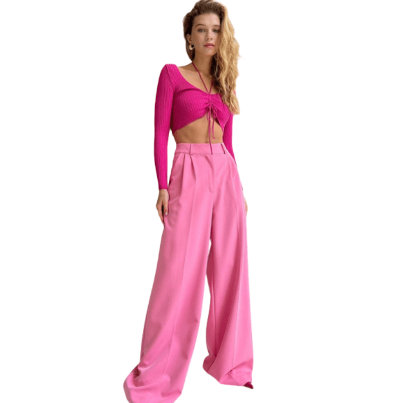 Cap Point Pink / S Fashion Wide Leg High Waisted Casual Pants