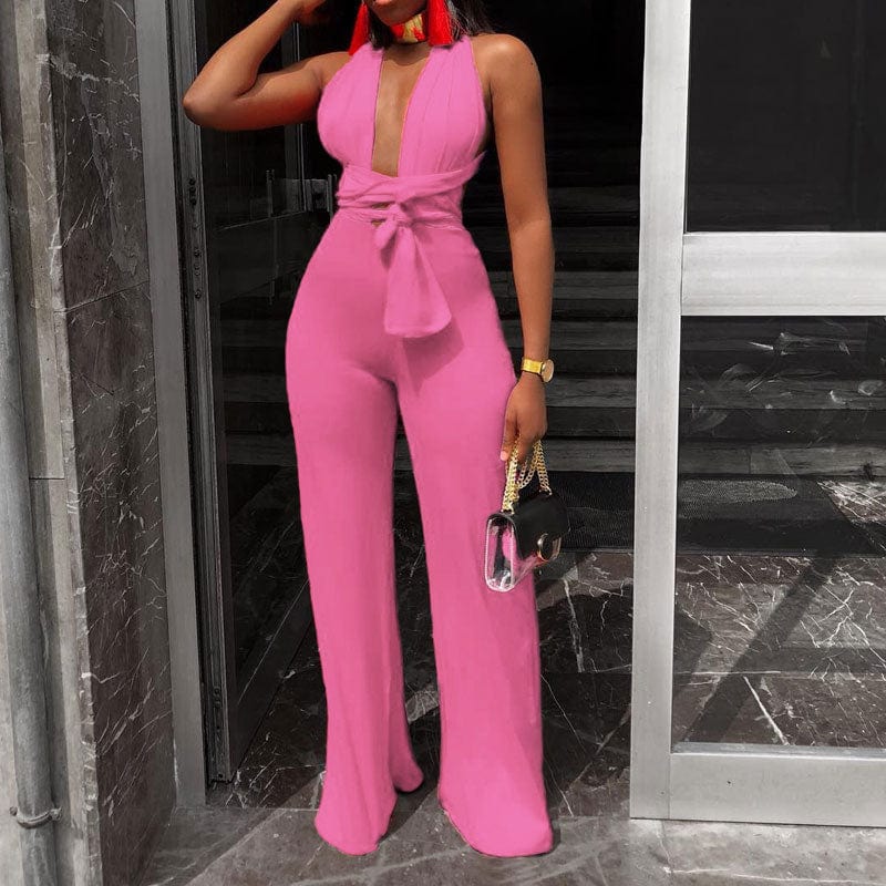 Cap Point Pink / S Genevieve Sexy Wide Leg Sleeveless Lace Up V-Neck Multi Way Jumpsuit