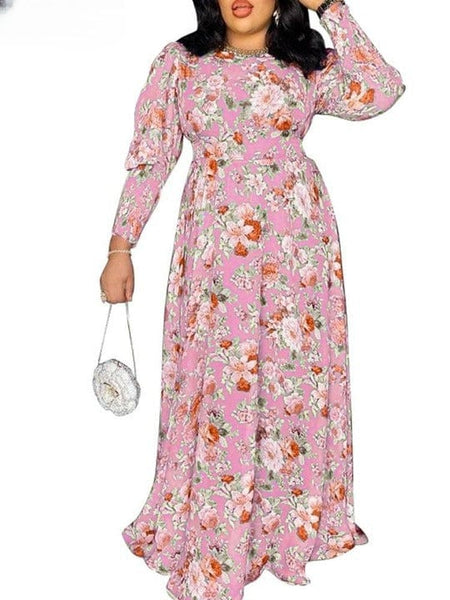 Cap Point Pink / S Gialie Bohemian Vintage Long Sleeve Belted Pleated Party Maxi Dress