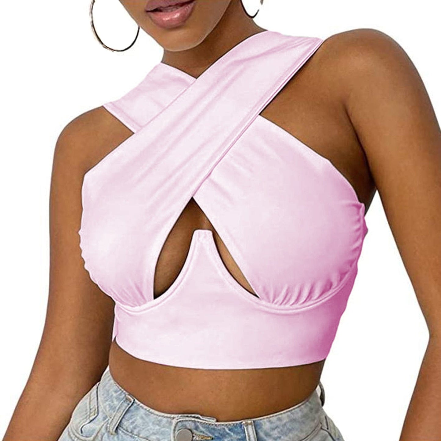 Cap Point Pink / S Hollow Out Crossed Sexy Crop Top