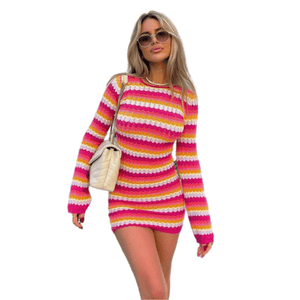 Cap Point Pink / S Jacquie Long Sleeve Backless Bodycon Striped Knit Mini Dress
