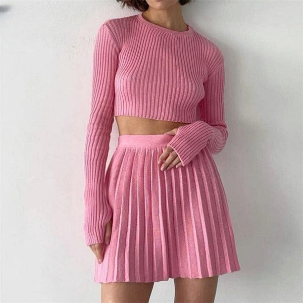 Cap Point Pink / S Malia Two Piece Knitted Ribbed Sweater Outfits Set
