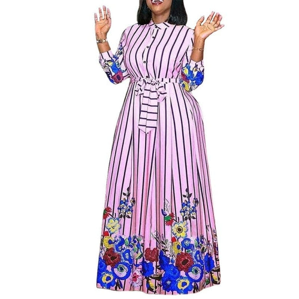 Cap Point Pink / S Melania Striped Full Sleeve Lace Up High Waist Floral Maxi Dress