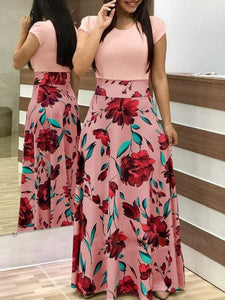 Cap Point Pink / S Michelle Summer Banquet Floral Print Short Sleeve Maxi Dress