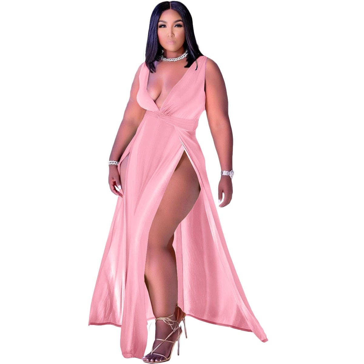 Cap Point Pink / S Plain V-neck Sleeveless Loose Slit Maxi Dress