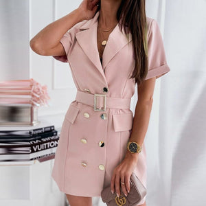 Cap Point Pink / S Sexy Puff Sleeve Solid Double Breasted Button Blazer Dress