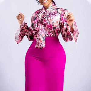 Cap Point Pink / S Urielle Elegant OL Print Bowknot Lace-up Shirt Long Skirt Two Piece Suit