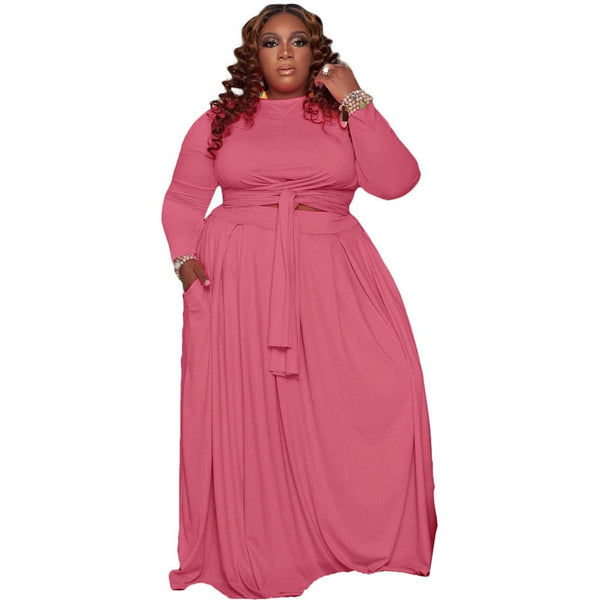 Cap Point Pink / XL Allegra Plus Size 2 Piece Tall Waist Long Sleeve Maxi Skirt