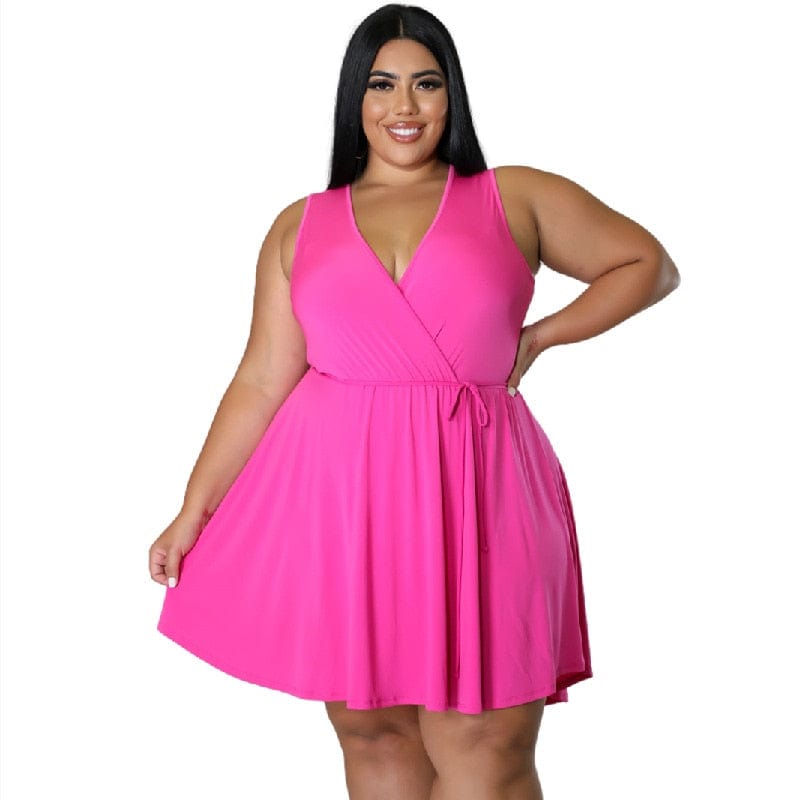 Cap Point Pink / XL Carline Plus Size Vest V Neck Sexy Mini Dress