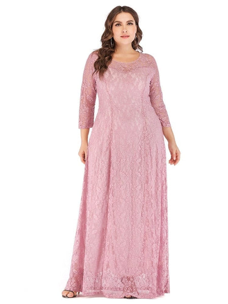 Cap Point Pink / XL Lucinda Elegant Lace O-Neck 3/4 Sleeve Prom Maxi Dress