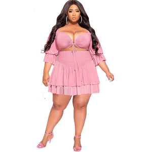 Cap Point Pink / XL Perline Plus Size Two Piece Crop Top and Mini Skirt Matching Set