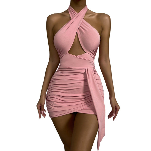 Cap Point Pink / XS Malia Sexy Bandage Ruched Halter Sleeveless Backless Mini Dress