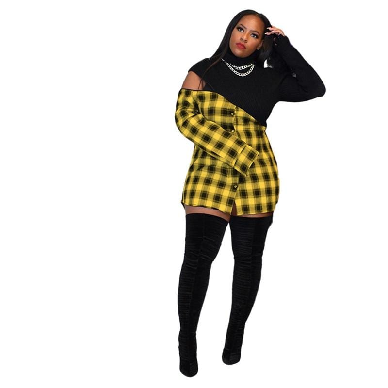 Cap Point Plaid Patchwork Club Wear Birthday Mini Dress