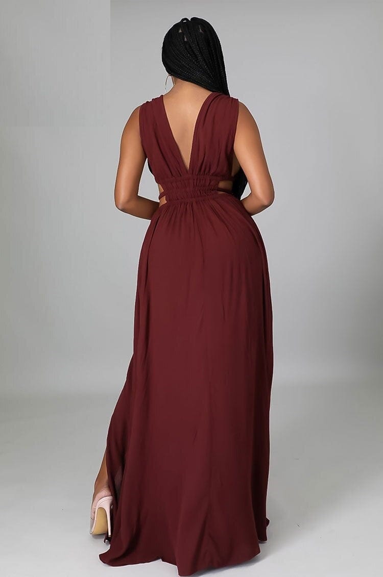 Cap Point Plain Sleeveless V-Neck Slit Maxi Dress
