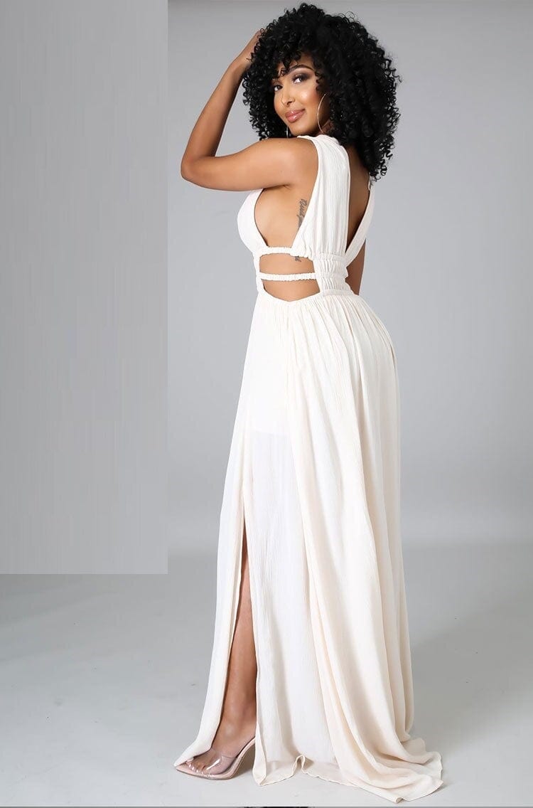 Cap Point Plain Sleeveless V-Neck Slit Maxi Dress