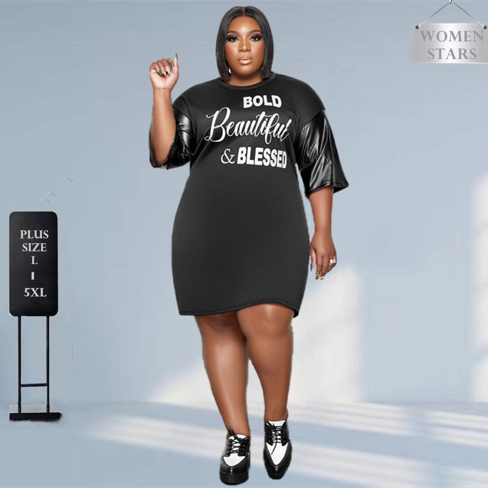 Cap Point Plus Size Letter Print O Neck Loose Fashion Mini Dress