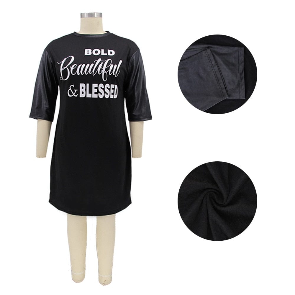 Cap Point Plus Size Letter Print O Neck Loose Fashion Mini Dress