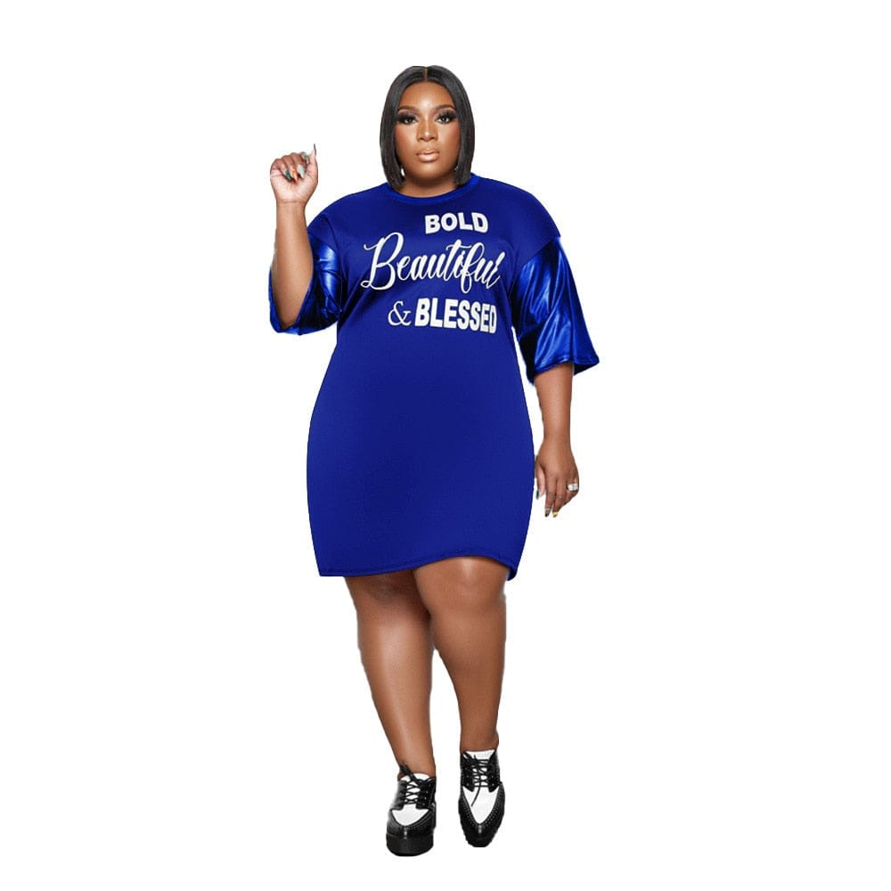 Cap Point Plus Size Letter Print O Neck Loose Fashion Mini Dress