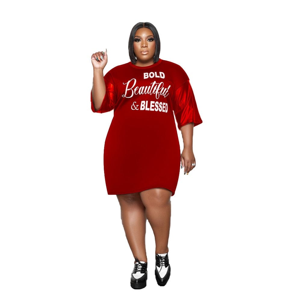 Cap Point Plus Size Letter Print O Neck Loose Fashion Mini Dress