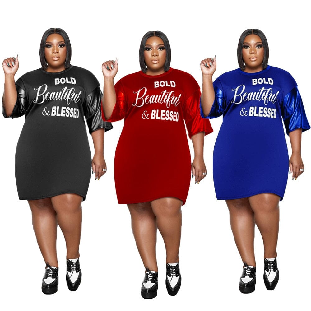 Cap Point Plus Size Letter Print O Neck Loose Fashion Mini Dress