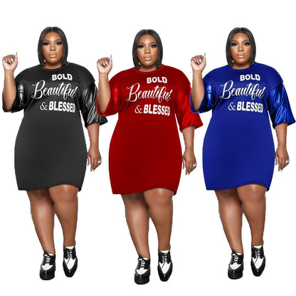 Cap Point Plus Size Letter Print O Neck Loose Fashion Mini Dress