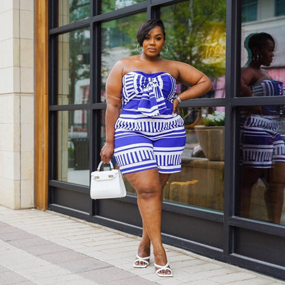 Cap Point Plus Size Off Shoulder Stretch Striped Summer Romper