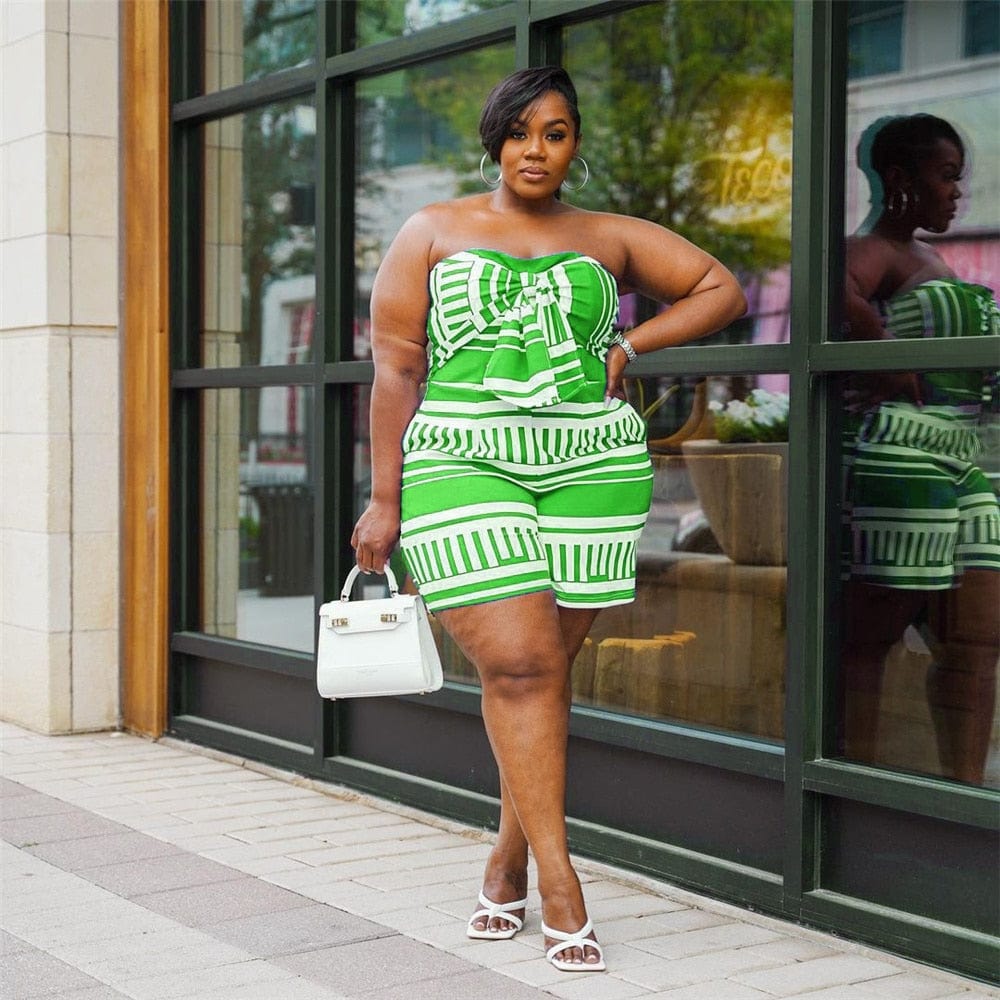 Cap Point Plus Size Off Shoulder Stretch Striped Summer Romper